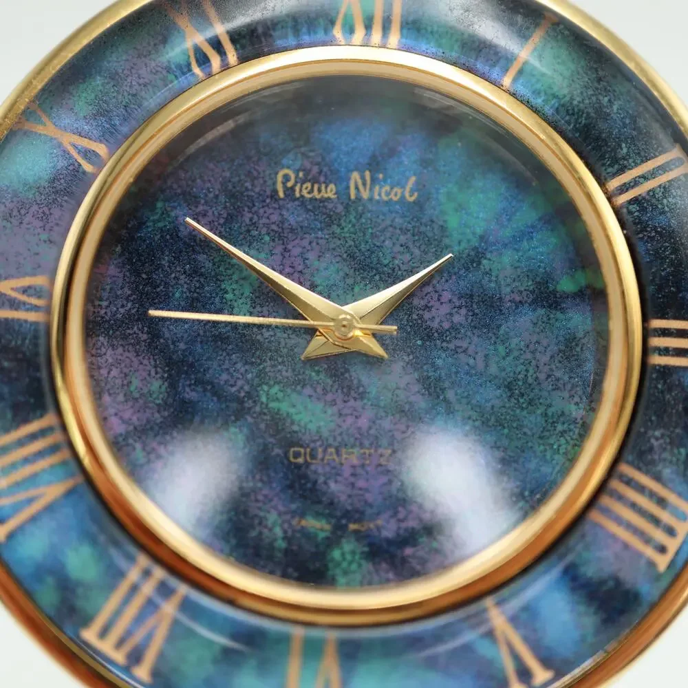 Vintage Pierre Nicol Blue Gold Tone Round 42mm Watch Stretch Band w New Battery